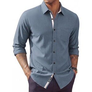 PJ PAUL JONES Mens Linen Shirt Long Sleeve Button Down Shirt | Cotton Blend, Regular Fit, Collared, Breathable, Chest Pocket, Suit for Daily Casual, Business, Work(Blue)