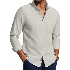 PJ PAUL JONES Mens Oxford Shirt Long Sleeve Button Down Shirt | Untucked Hem, Regular Fit, Button-Down Collar, Adjustable Cuffs, Breathable, Chest Pocket, Suit for Casual, Business, Work(Khaki Gray)