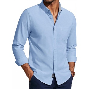 PJ PAUL JONES Mens Oxford Shirt Long Sleeve Button Down Shirt | Untucked Hem, Regular Fit, Button-Down Collar, Adjustable Cuffs, Breathable, Chest Pocket, Suit for Casual, Business, Work(Blue)