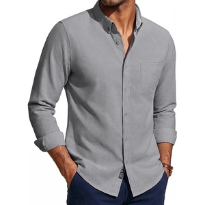 PJ PAUL JONES Mens Oxford Shirt Long Sleeve Button Down Shirt | Untucked Hem, Regular Fit, Button-Down Collar, Adjustable Cuffs, Breathable, Chest Pocket, Suit for Casual, Business, Work(Gray)