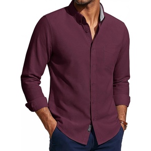 PJ PAUL JONES Mens Oxford Shirt Long Sleeve Button Down Shirt | Untucked Hem, Regular Fit, Button-Down Collar, Adjustable Cuffs, Breathable, Chest Pocket, Suit for Casual, Business, Work(Wine Red)