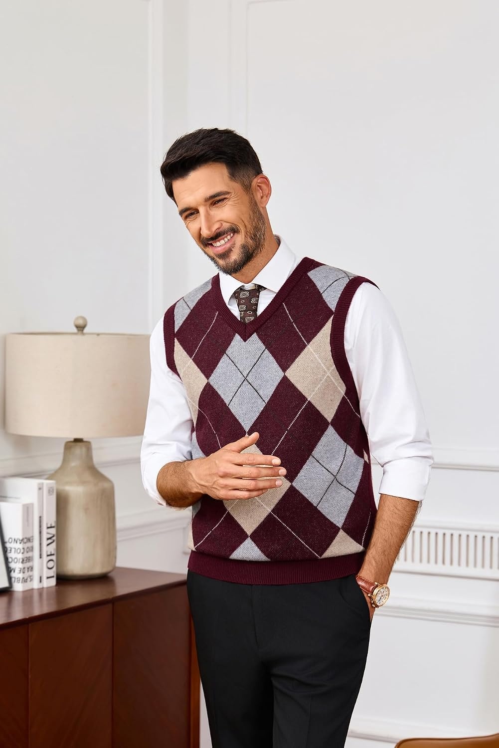 image:imagePJ PAUL JONES Mens Argyle Sweater Vest VNeck Vintage Knit Vest Contrast Plaid Pattern Sleeveless Pullover Knit Classic Vintage Design Business Casual Style Spring Fall Winter LayeringWine