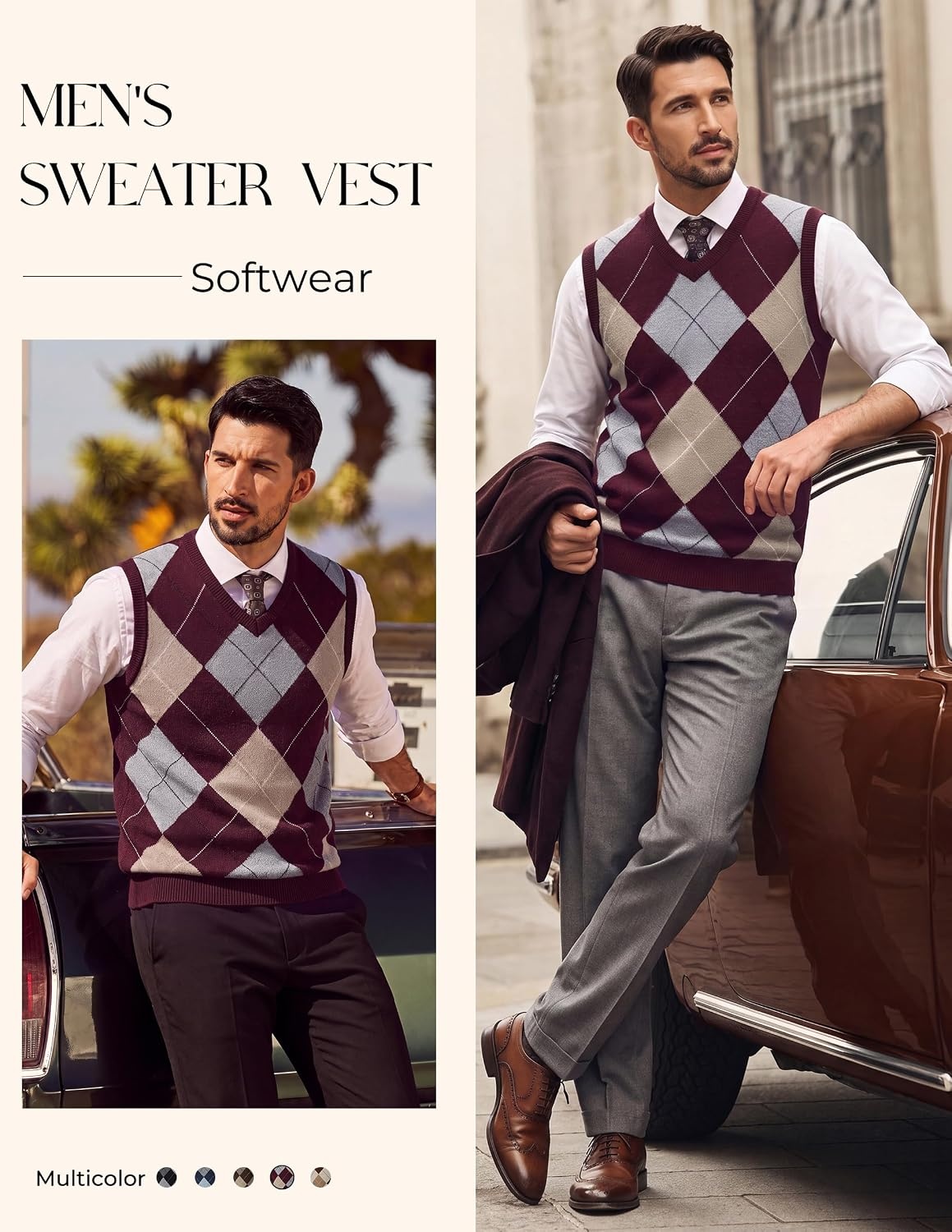 image:imagePJ PAUL JONES Mens Argyle Sweater Vest VNeck Vintage Knit Vest Contrast Plaid Pattern Sleeveless Pullover Knit Classic Vintage Design Business Casual Style Spring Fall Winter LayeringWine
