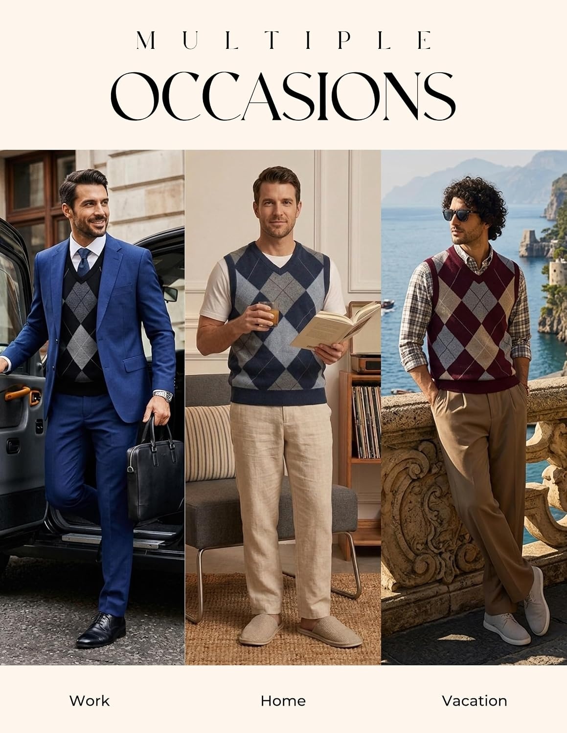 image:imagePJ PAUL JONES Mens Argyle Sweater Vest VNeck Vintage Knit Vest Contrast Plaid Pattern Sleeveless Pullover Knit Classic Vintage Design Business Casual Style Spring Fall Winter LayeringWine