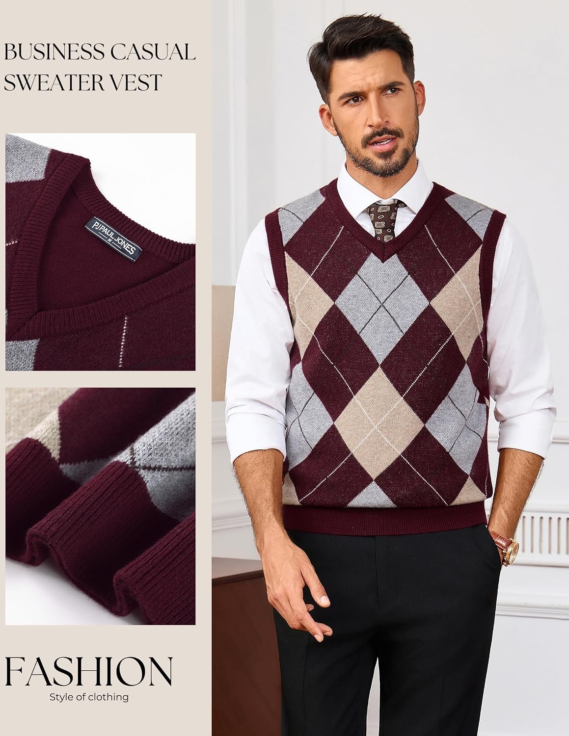image:imagePJ PAUL JONES Mens Argyle Sweater Vest VNeck Vintage Knit Vest Contrast Plaid Pattern Sleeveless Pullover Knit Classic Vintage Design Business Casual Style Spring Fall Winter LayeringWine