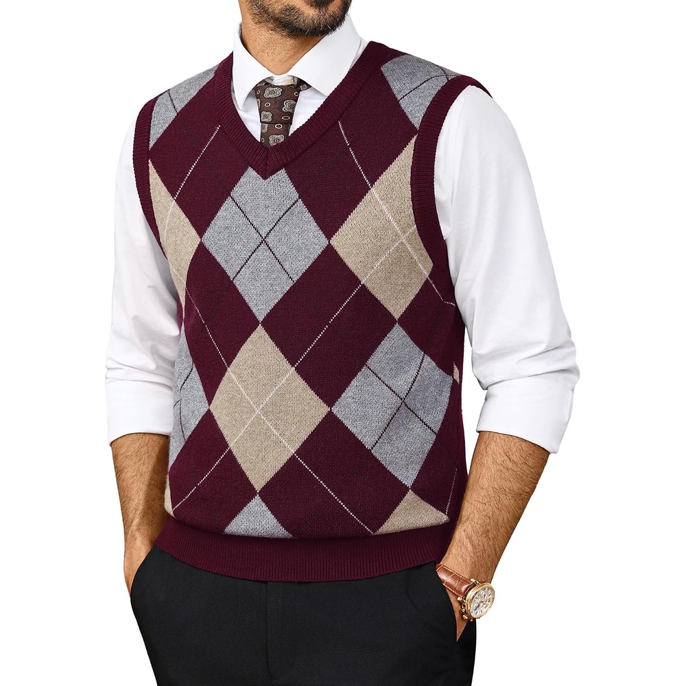 image:imagePJ PAUL JONES Mens Argyle Sweater Vest VNeck Vintage Knit Vest Contrast Plaid Pattern Sleeveless Pullover Knit Classic Vintage Design Business Casual Style Spring Fall Winter LayeringWine