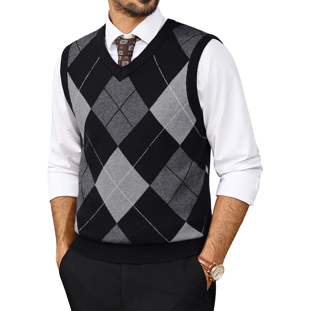 image:imagePJ PAUL JONES Mens Argyle Sweater Vest VNeck Vintage Knit Vest Contrast Plaid Pattern Sleeveless Pullover Knit Classic Vintage Design Business Casual Style Spring Fall Winter LayeringBlack