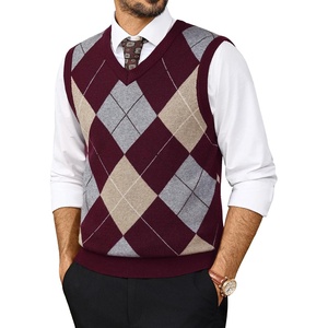 PJ PAUL JONES Mens Argyle Sweater Vest V-Neck Vintage Knit Vest | Contrast Plaid Pattern, Sleeveless Pullover Knit, Classic Vintage Design, Business Casual Style, Spring Fall Winter Layering(Wine)