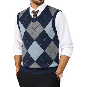 PJ PAUL JONES Mens Argyle Sweater Vest V-Neck Vintage Knit Vest | Contrast Plaid Pattern, Sleeveless Pullover Knit, Classic Vintage Design, Business Casual Style, Spring Fall Winter Layering(Navy Blue)