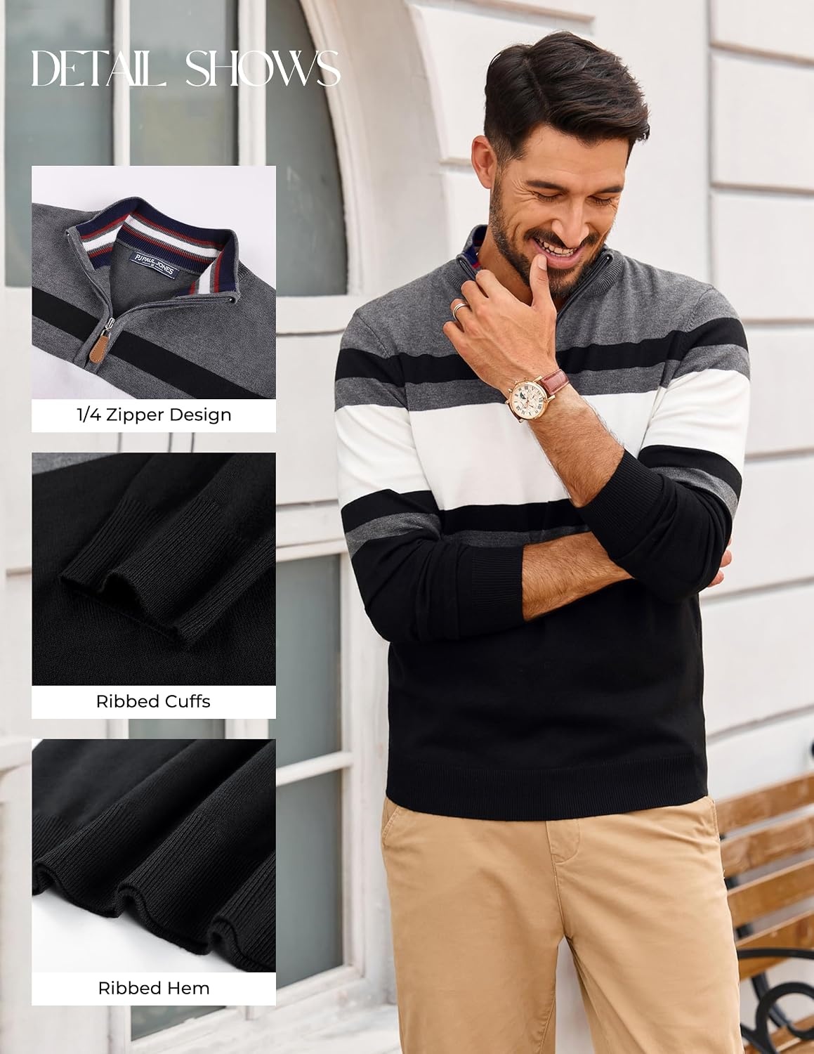 image:imagePJ PAUL JONES Mens Quarter Zip Pullover SweaterBlack Dark Grey
