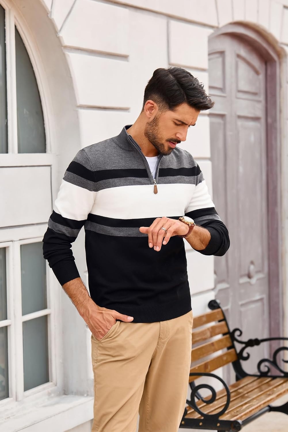 image:imagePJ PAUL JONES Mens Quarter Zip Pullover SweaterBlack Dark Grey