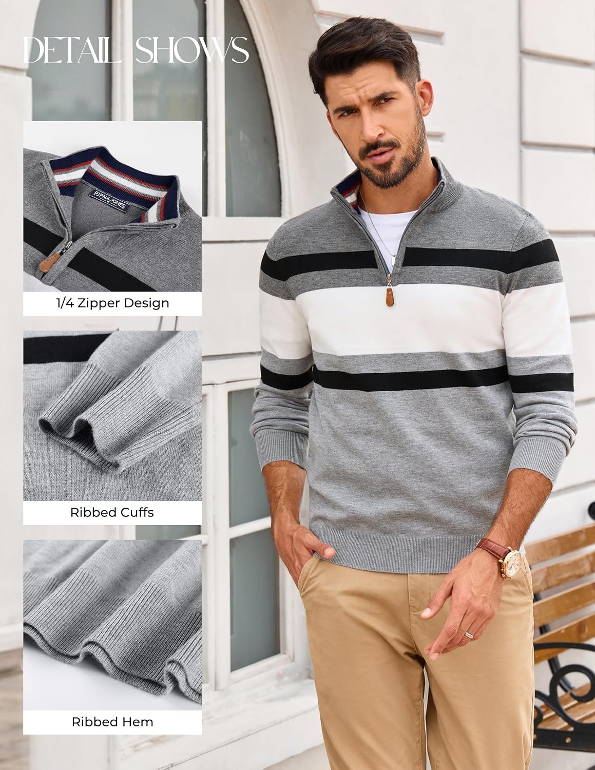 image:imagePJ PAUL JONES Mens Quarter Zip Pullover SweaterLight Grey Dark Grey