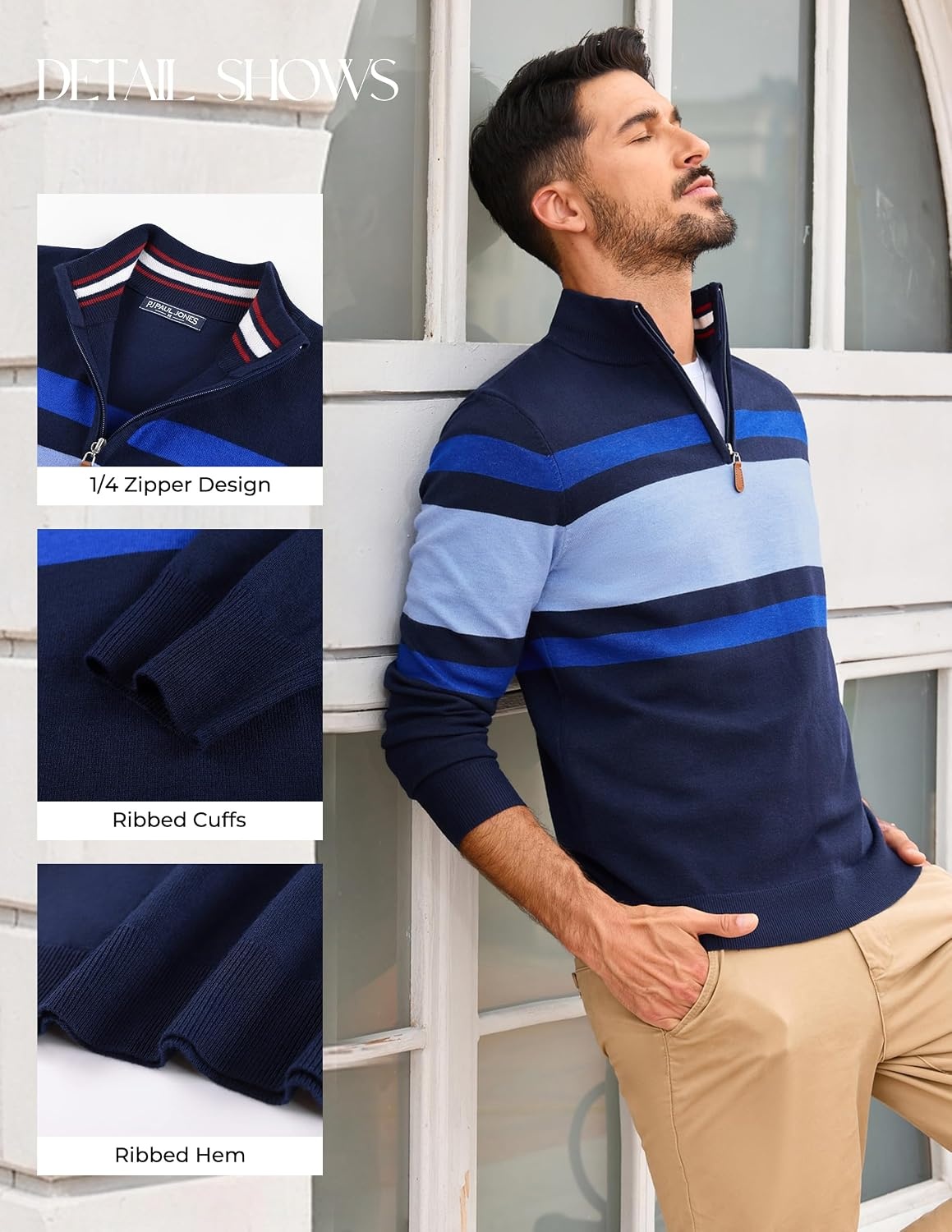 image:imagePJ PAUL JONES Mens Quarter Zip Pullover SweaterNavy Sky Blue