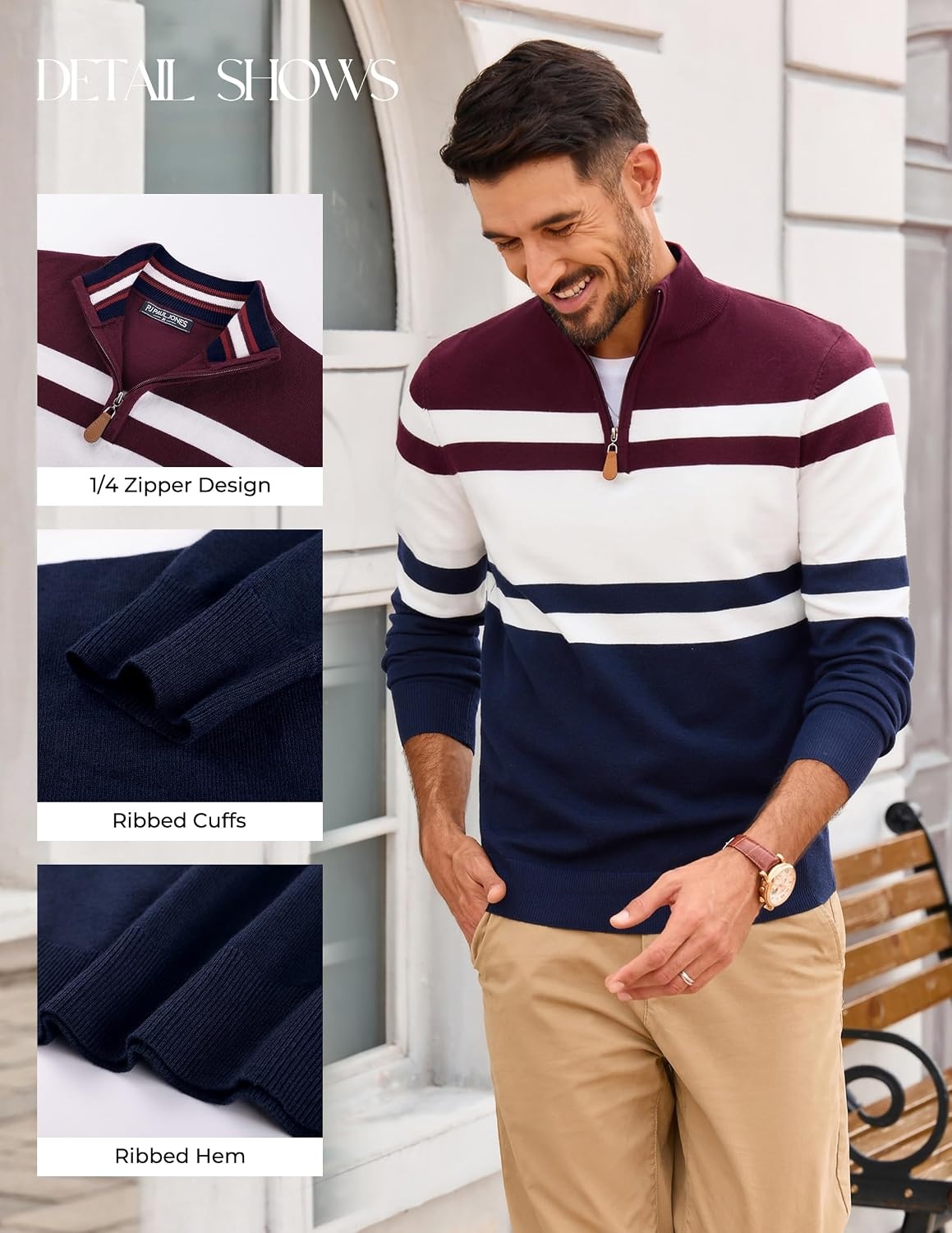image:imagePJ PAUL JONES Mens Quarter Zip Pullover SweaterNavy Wine Red