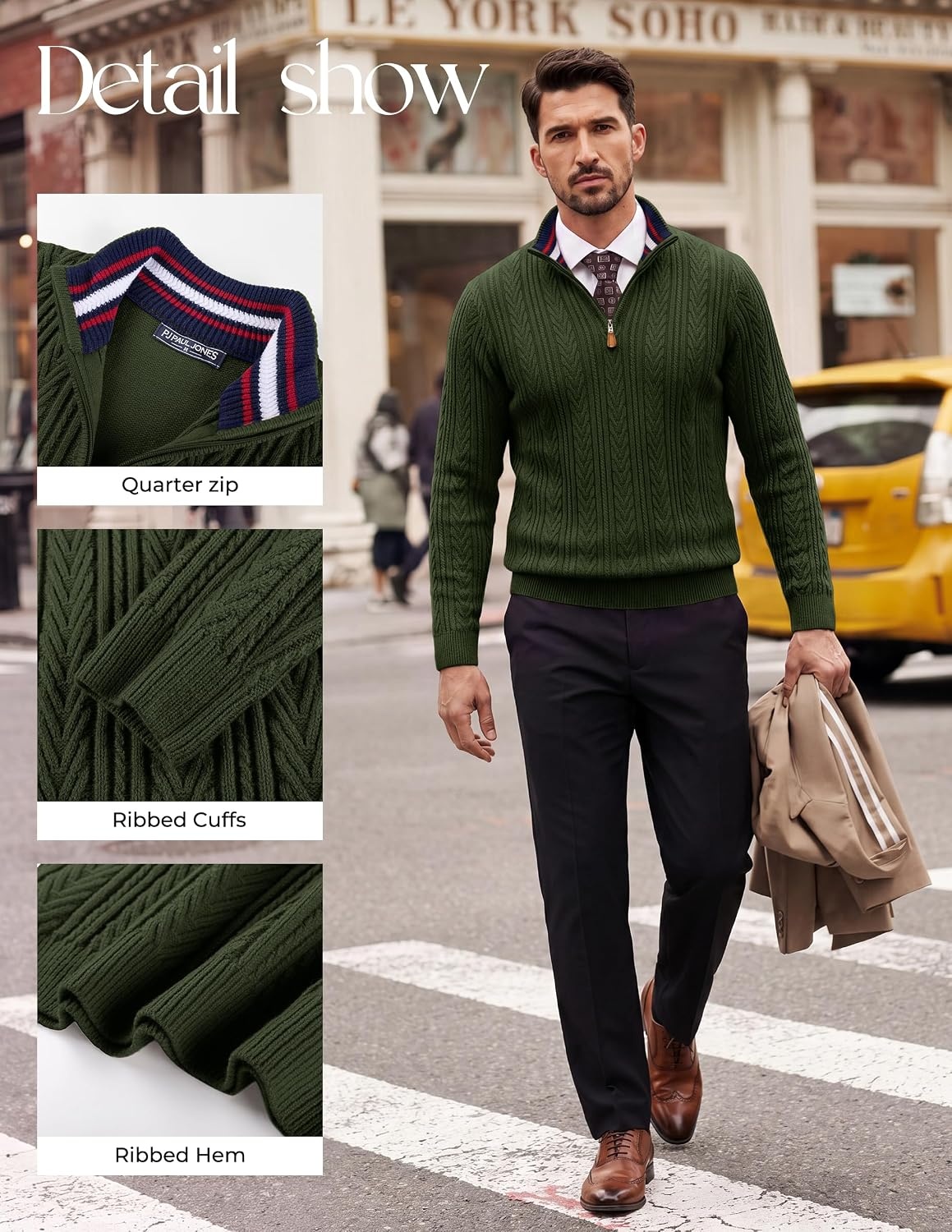 image:imagePJ PAUL JONES Mens Quarter Zip Sweaters Knit PulloverArmy Green