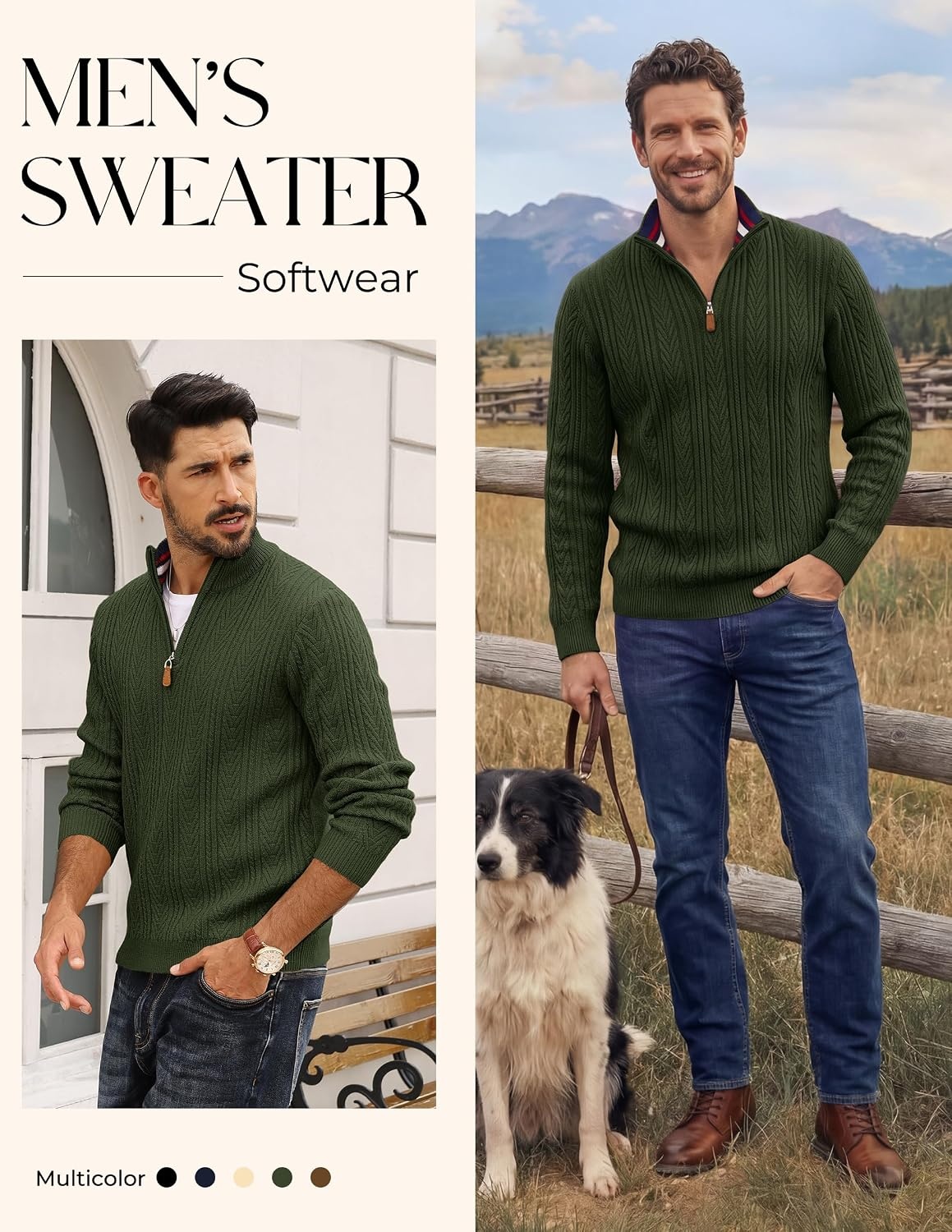 image:imagePJ PAUL JONES Mens Quarter Zip Sweaters Knit PulloverArmy Green