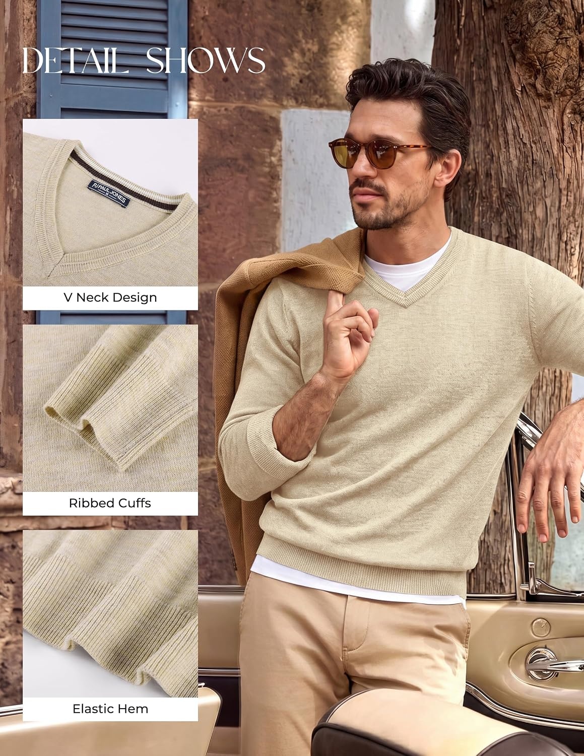 image:imagePJ PAUL JONES Mens V Neck Sweater Wool Blend Knit Pullover SweatersApricot