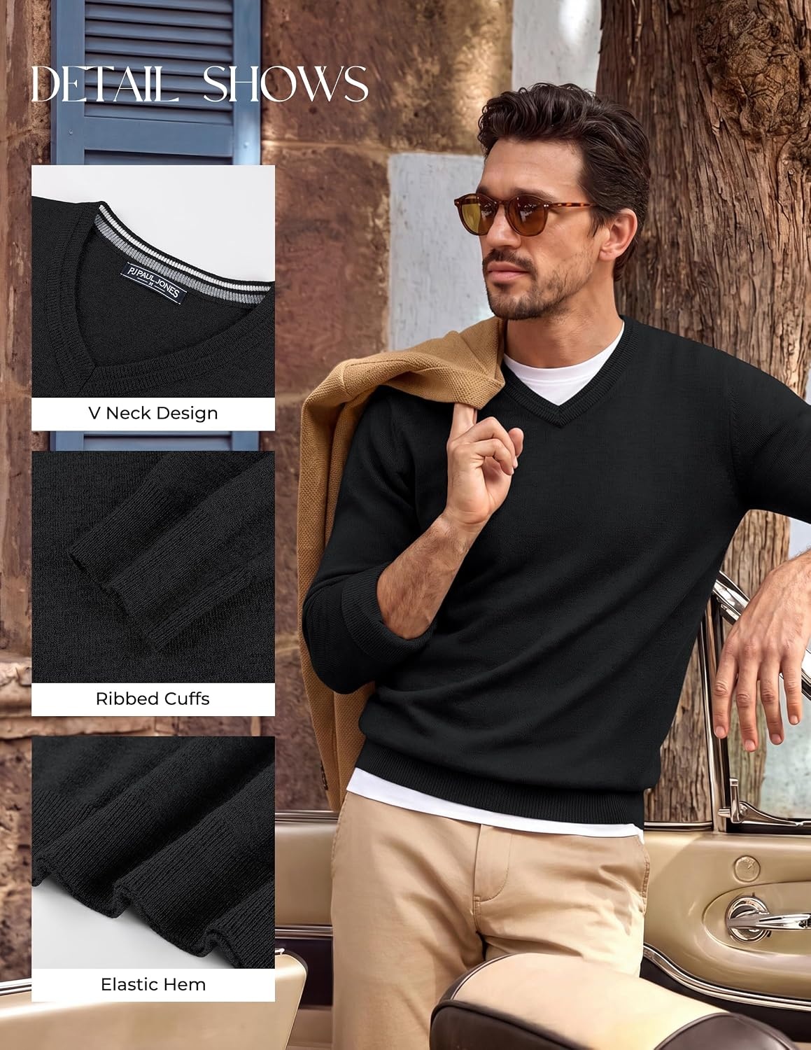 image:imagePJ PAUL JONES Mens V Neck Sweater Wool Blend Knit Pullover SweatersBlack