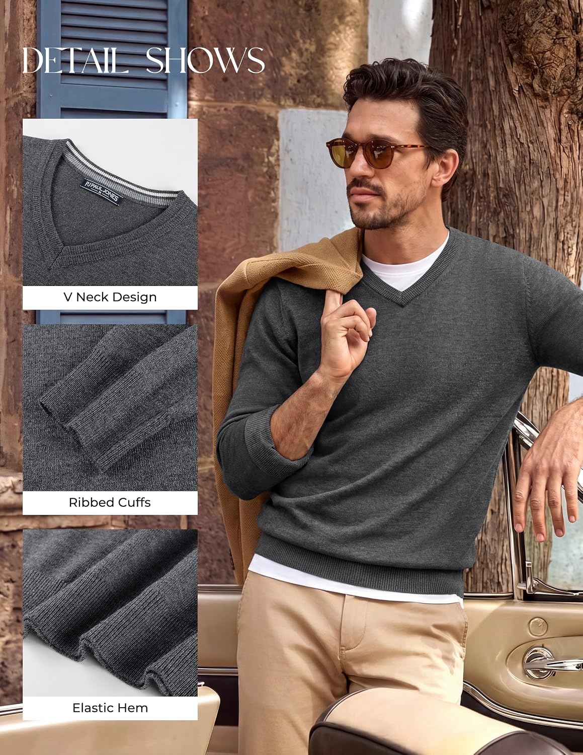 image:imagePJ PAUL JONES Mens V Neck Sweater Wool Blend Knit Pullover SweatersDark Gray