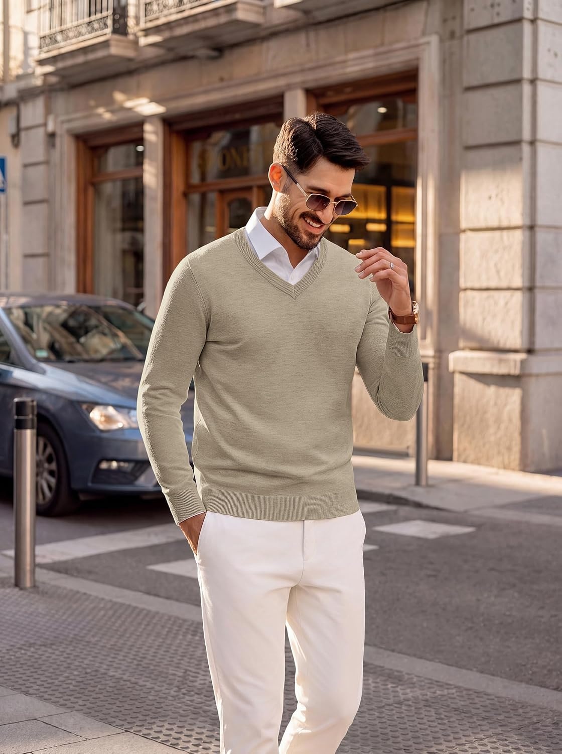 image:imagePJ PAUL JONES Mens V Neck Sweater Wool Blend Knit Pullover SweatersKhaki