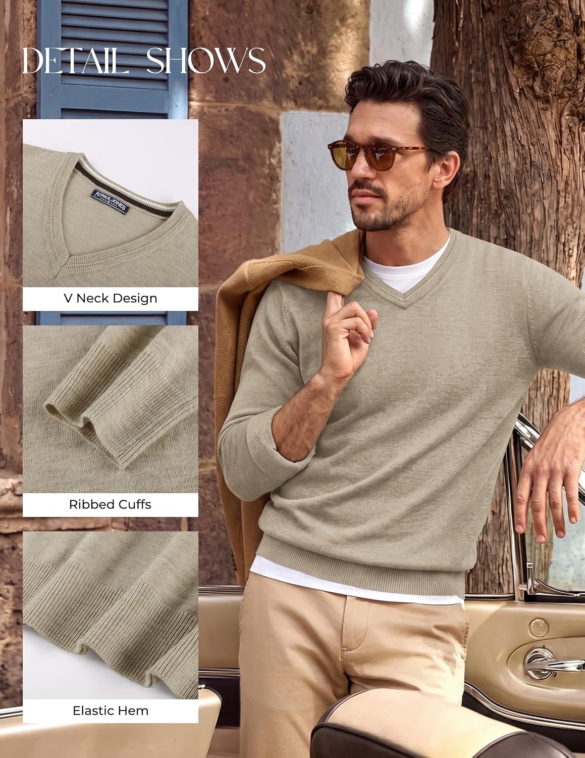 image:imagePJ PAUL JONES Mens V Neck Sweater Wool Blend Knit Pullover SweatersKhaki