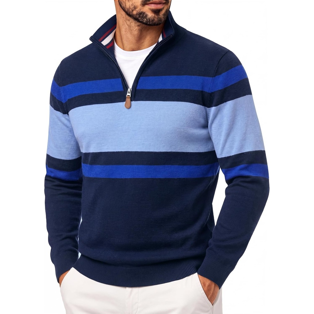image:imagePJ PAUL JONES Mens Quarter Zip Pullover SweaterNavy Sky Blue
