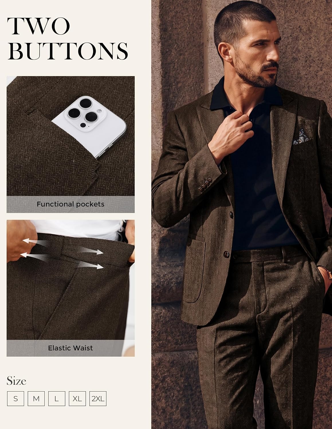 image:imagePJ PAUL JONES Mens 2 Piece Suits Wool Blend Tweed Herringbone Suit SetBrown
