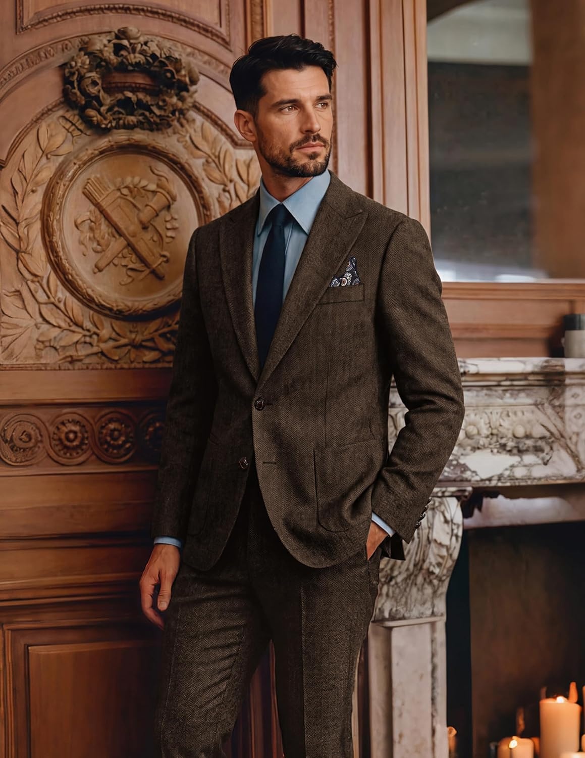 image:imagePJ PAUL JONES Mens 2 Piece Suits Wool Blend Tweed Herringbone Suit SetBrown