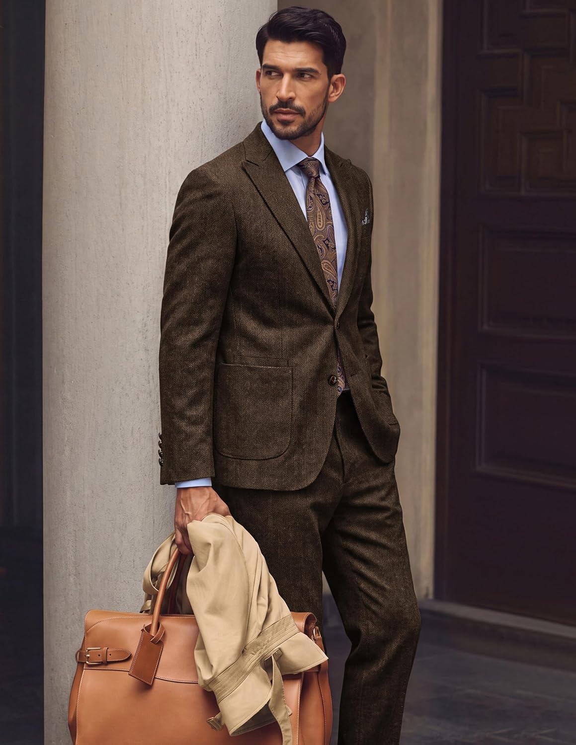 image:imagePJ PAUL JONES Mens 2 Piece Suits Wool Blend Tweed Herringbone Suit SetBrown