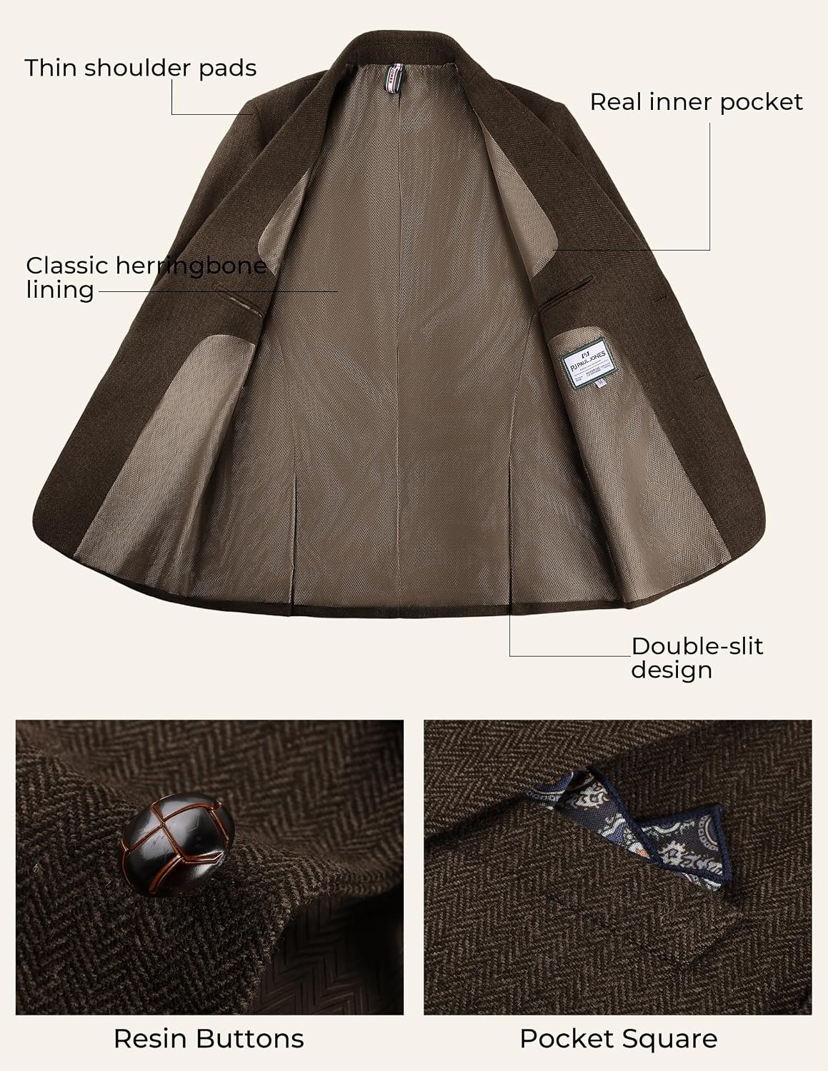 image:imagePJ PAUL JONES Mens 2 Piece Suits Wool Blend Tweed Herringbone Suit SetBrown