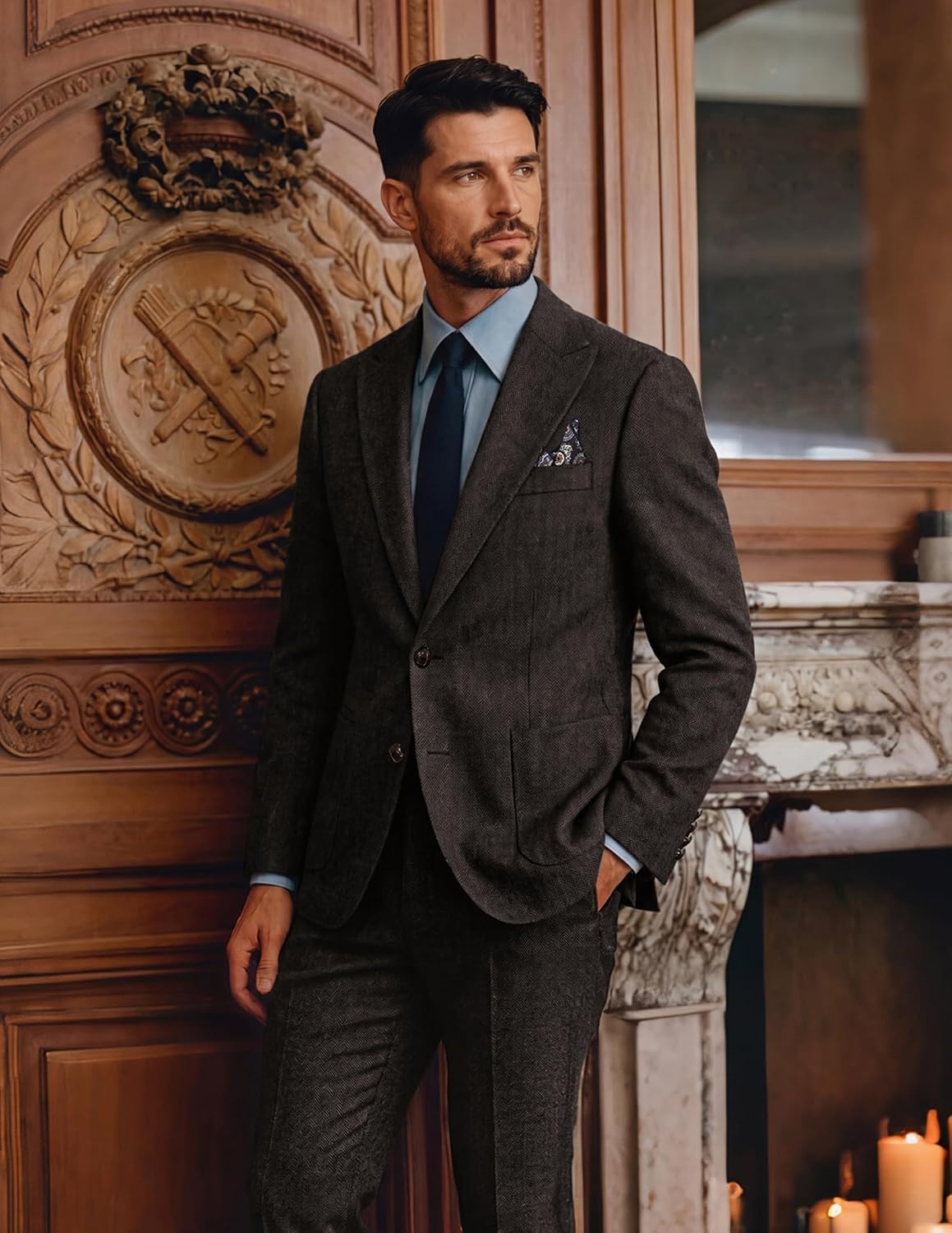 image:imagePJ PAUL JONES Mens 2 Piece Suits Wool Blend Tweed Herringbone Suit SetCoffee