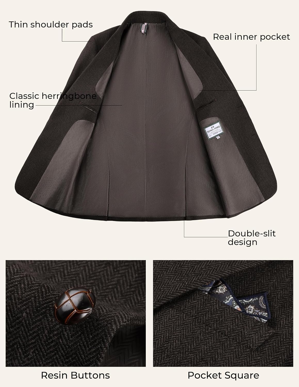 image:imagePJ PAUL JONES Mens 2 Piece Suits Wool Blend Tweed Herringbone Suit SetCoffee