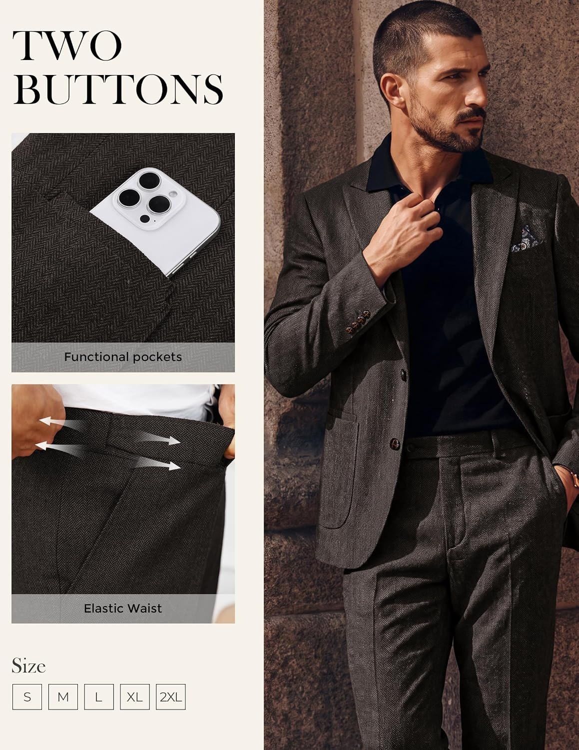 image:imagePJ PAUL JONES Mens 2 Piece Suits Wool Blend Tweed Herringbone Suit SetCoffee