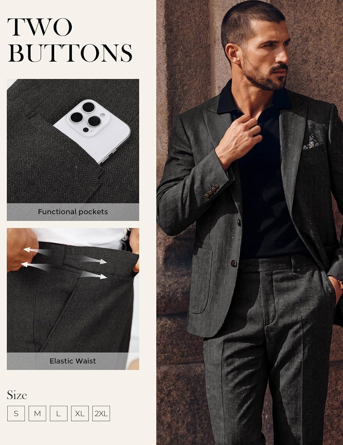 image:imagePJ PAUL JONES Mens 2 Piece Suits Wool Blend Tweed Herringbone Suit SetDark Gray