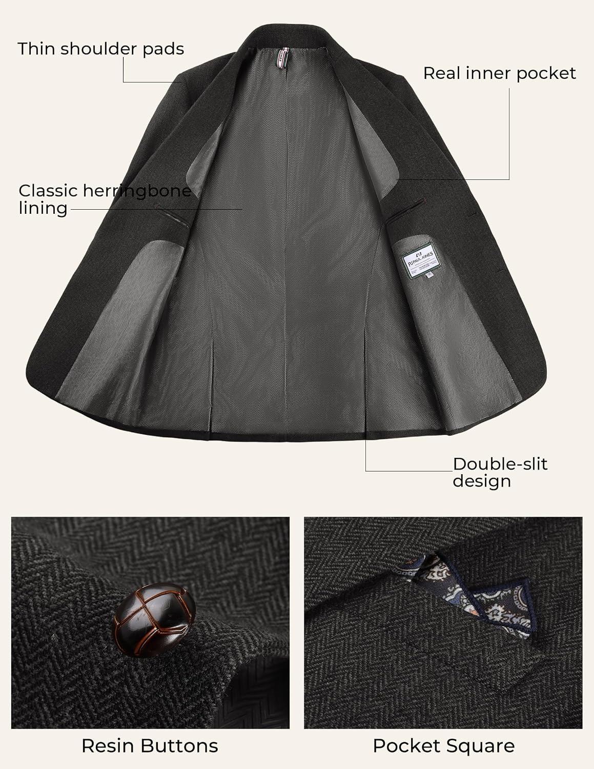 image:imagePJ PAUL JONES Mens 2 Piece Suits Wool Blend Tweed Herringbone Suit SetDark Gray