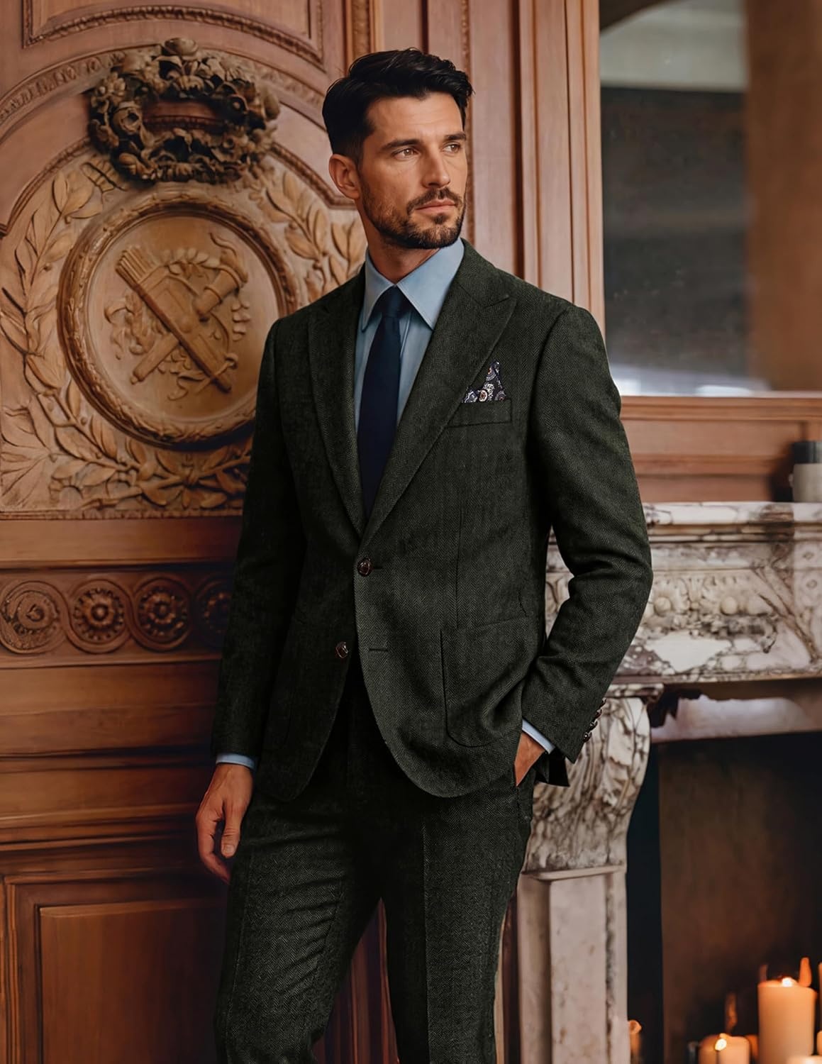 image:imagePJ PAUL JONES Mens 2 Piece Suits Wool Blend Tweed Herringbone Suit SetDark Green