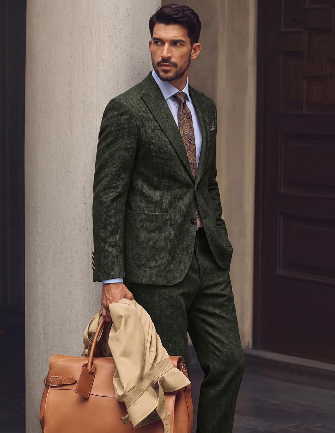 image:imagePJ PAUL JONES Mens 2 Piece Suits Wool Blend Tweed Herringbone Suit SetDark Green