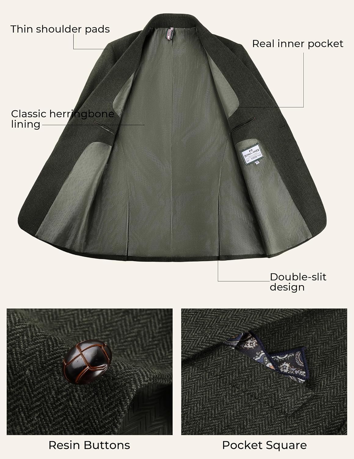 image:imagePJ PAUL JONES Mens 2 Piece Suits Wool Blend Tweed Herringbone Suit SetDark Green
