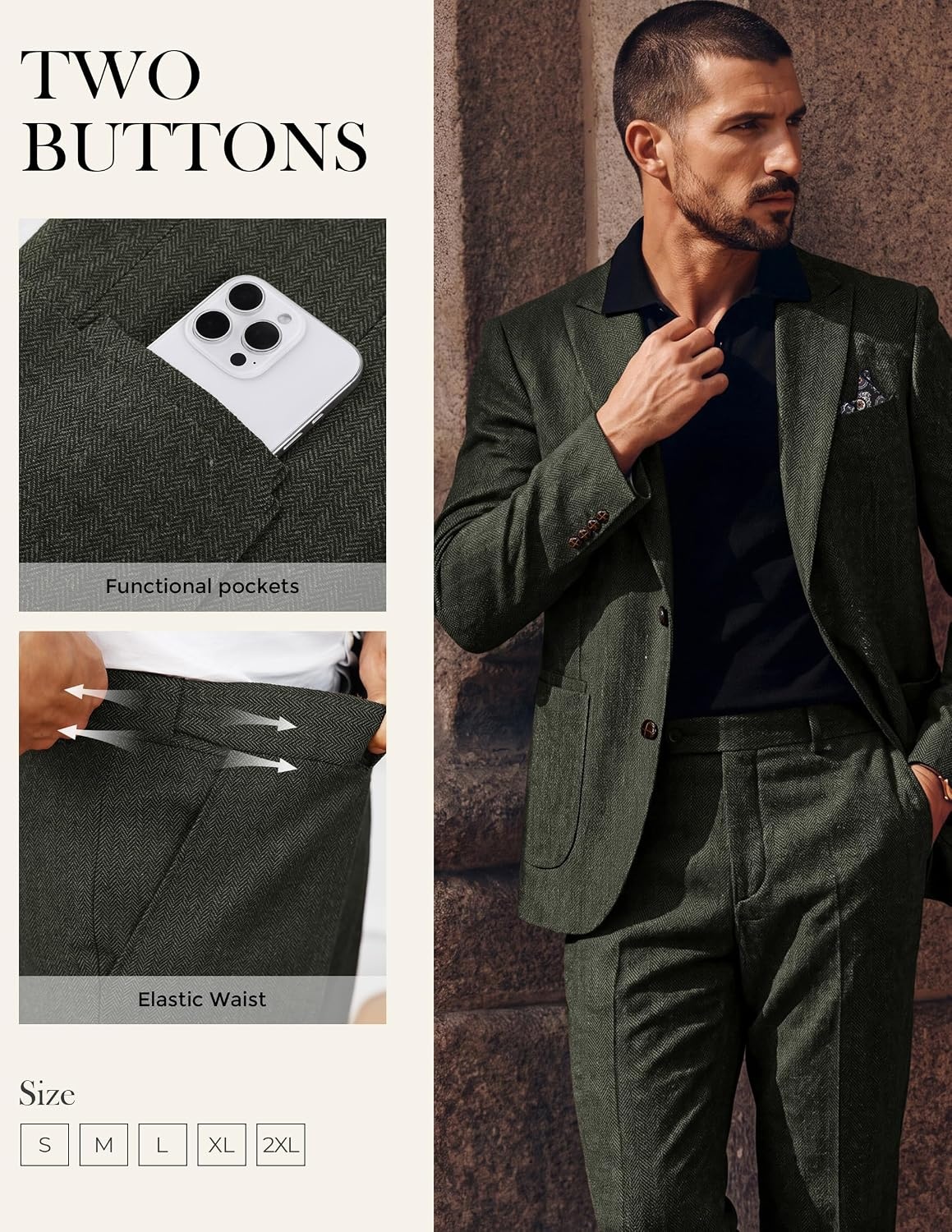 image:imagePJ PAUL JONES Mens 2 Piece Suits Wool Blend Tweed Herringbone Suit SetDark Green