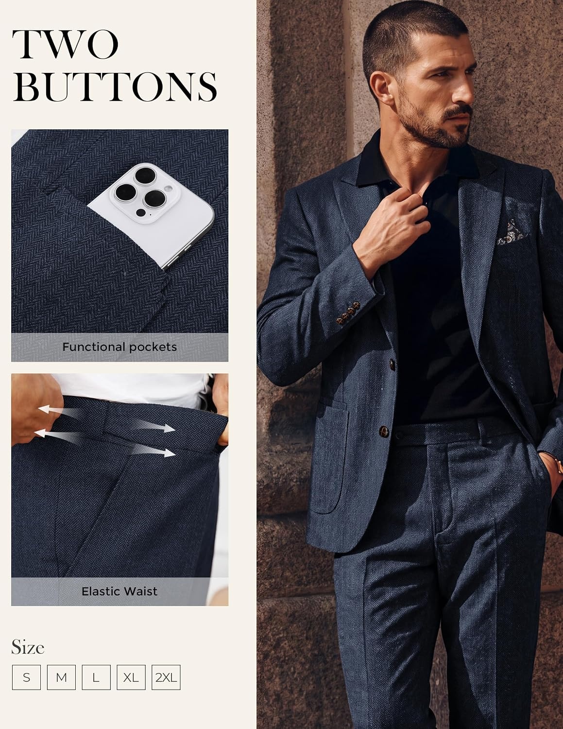 image:imagePJ PAUL JONES Mens 2 Piece Suits Wool Blend Tweed Herringbone Suit SetNavy Blue
