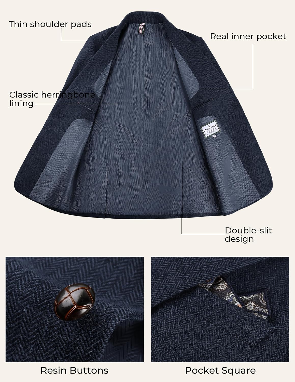 image:imagePJ PAUL JONES Mens 2 Piece Suits Wool Blend Tweed Herringbone Suit SetNavy Blue