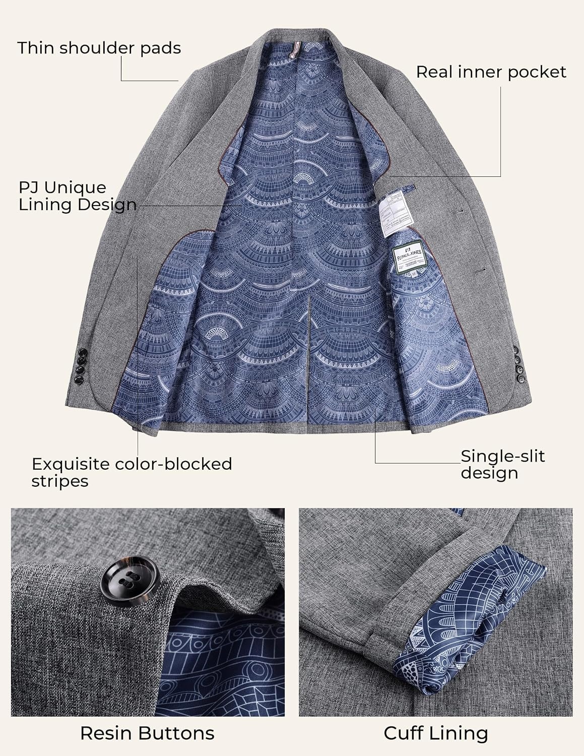 image:imagePJ PAUL JONES Mens Blazer Casual Lightweight Texture Sport Coat JacketFlower Gray