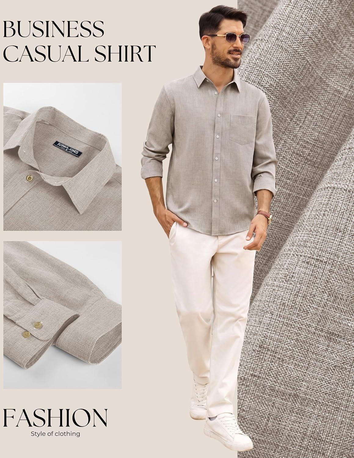 image:imagePJ PAUL JONES Mens Button Down Long Sleeve Shirts CasualCream