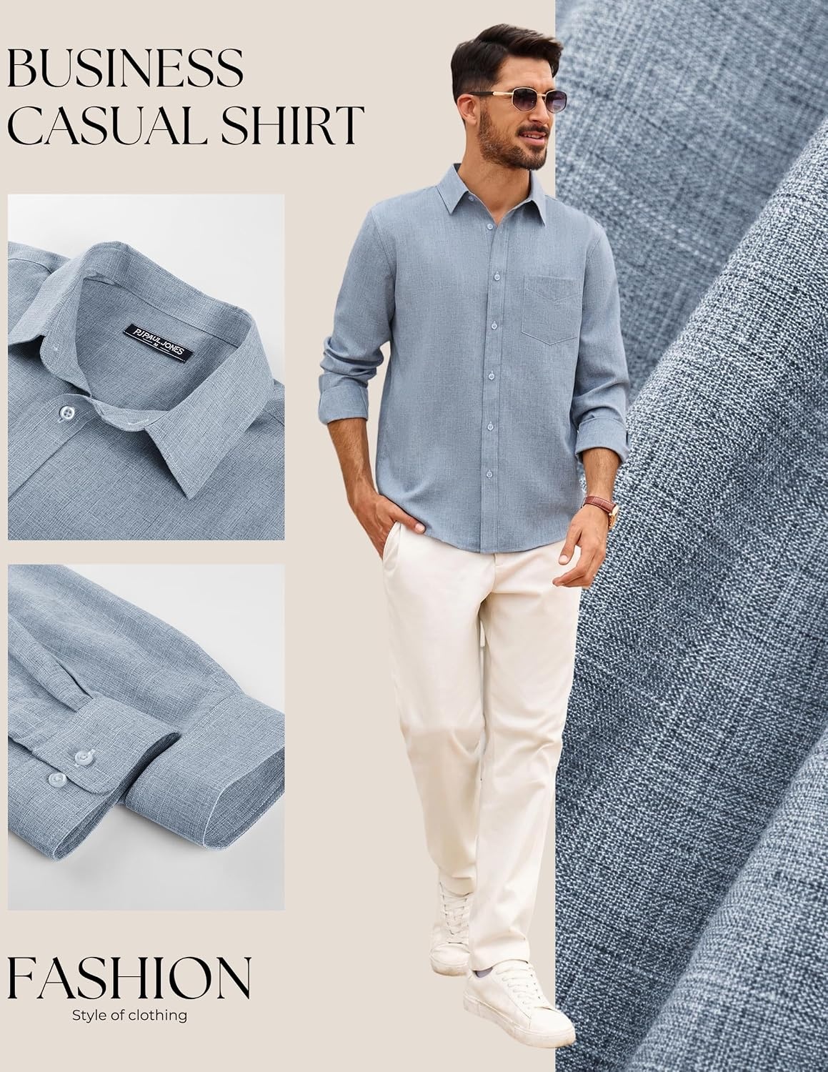 image:imagePJ PAUL JONES Mens Button Down Long Sleeve Shirts CasualLight Gray Blue