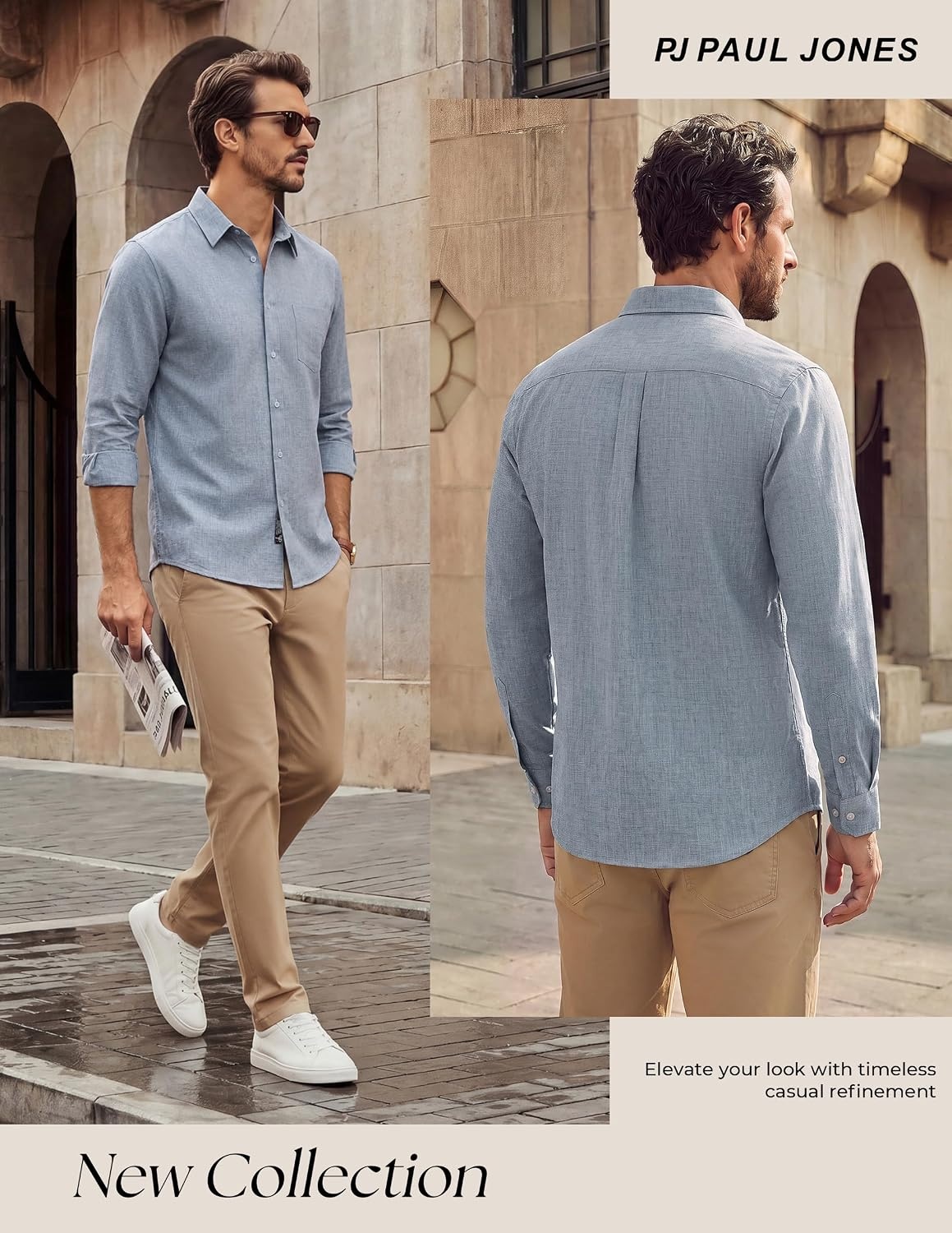 image:imagePJ PAUL JONES Mens Button Down Long Sleeve Shirts CasualLight Gray Blue