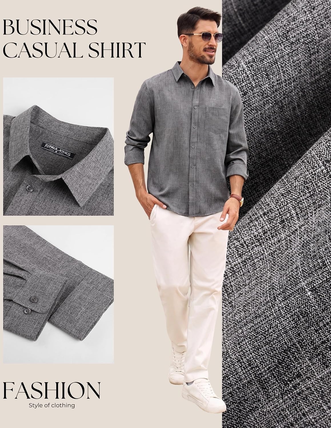 image:imagePJ PAUL JONES Mens Button Down Long Sleeve Shirts CasualMedium Gray