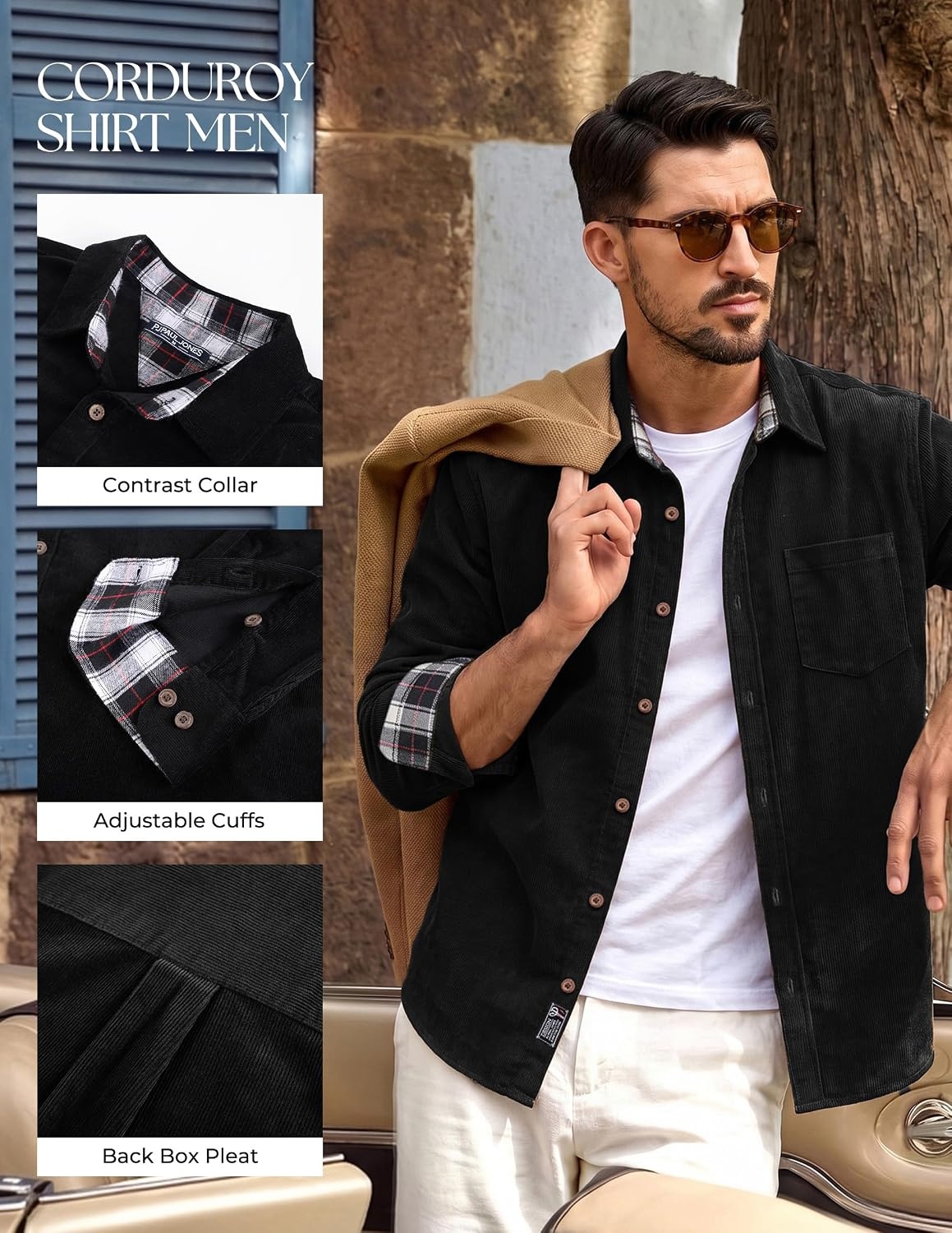 image:imagePJ PAUL JONES Mens Corduroy Long Sleeve Button Down 100 Cotton ShirtBlack