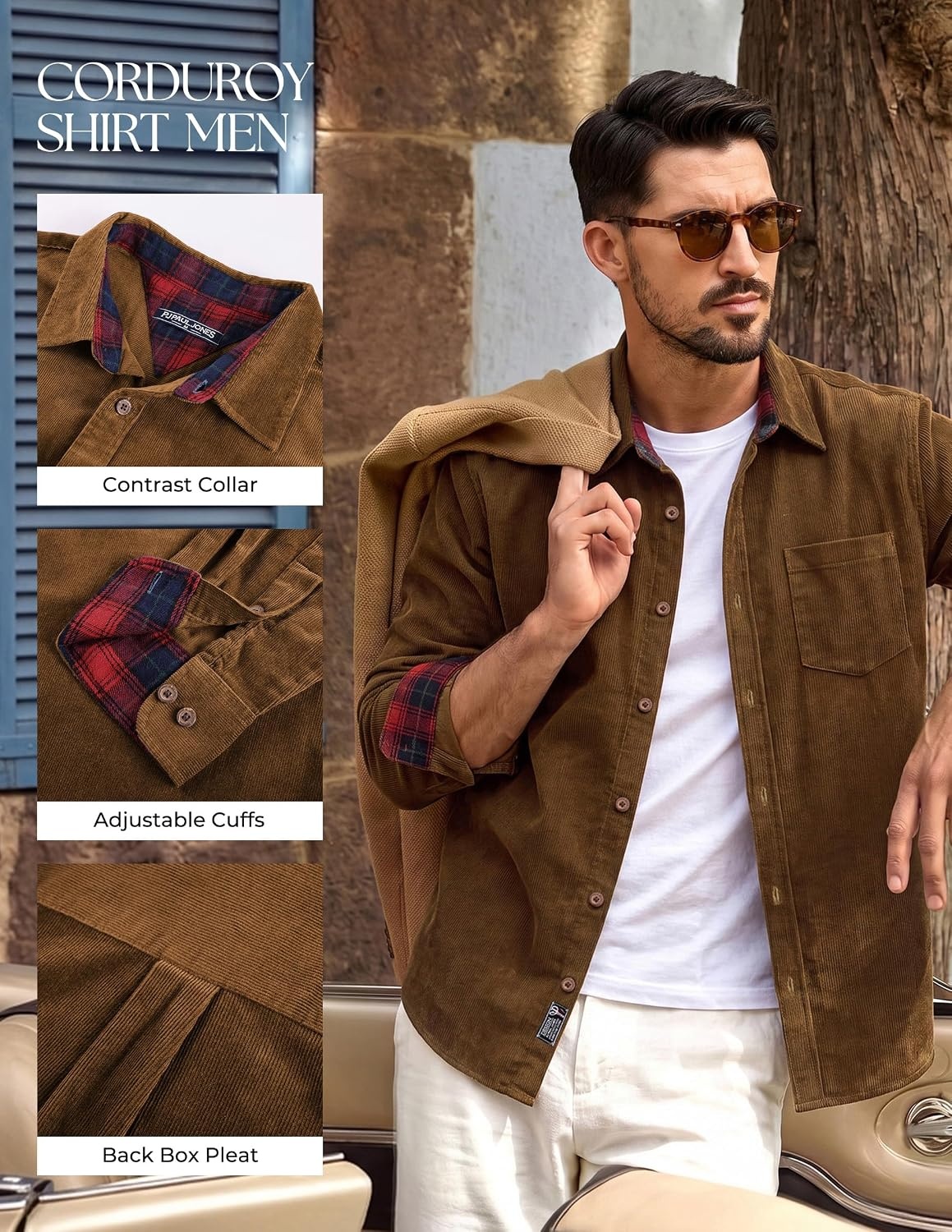 image:imagePJ PAUL JONES Mens Corduroy Long Sleeve Button Down 100 Cotton ShirtBrown