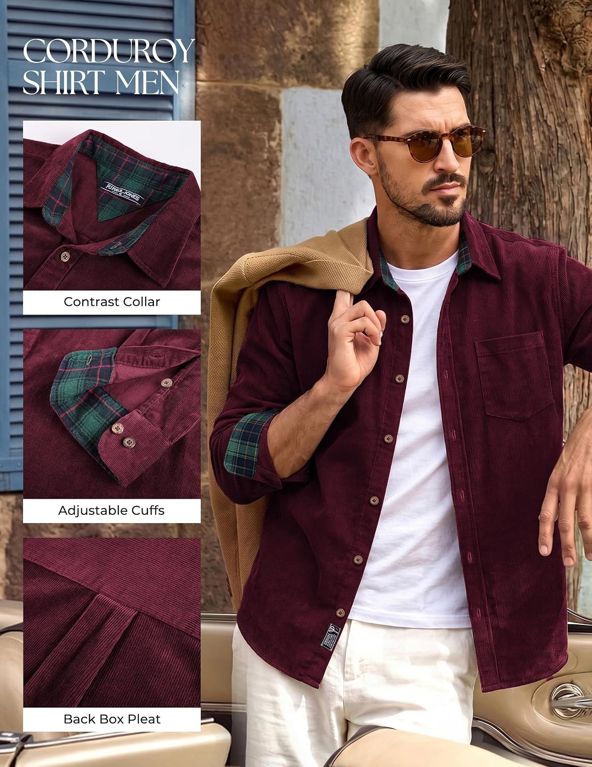 image:imagePJ PAUL JONES Mens Corduroy Long Sleeve Button Down 100 Cotton ShirtDark Red