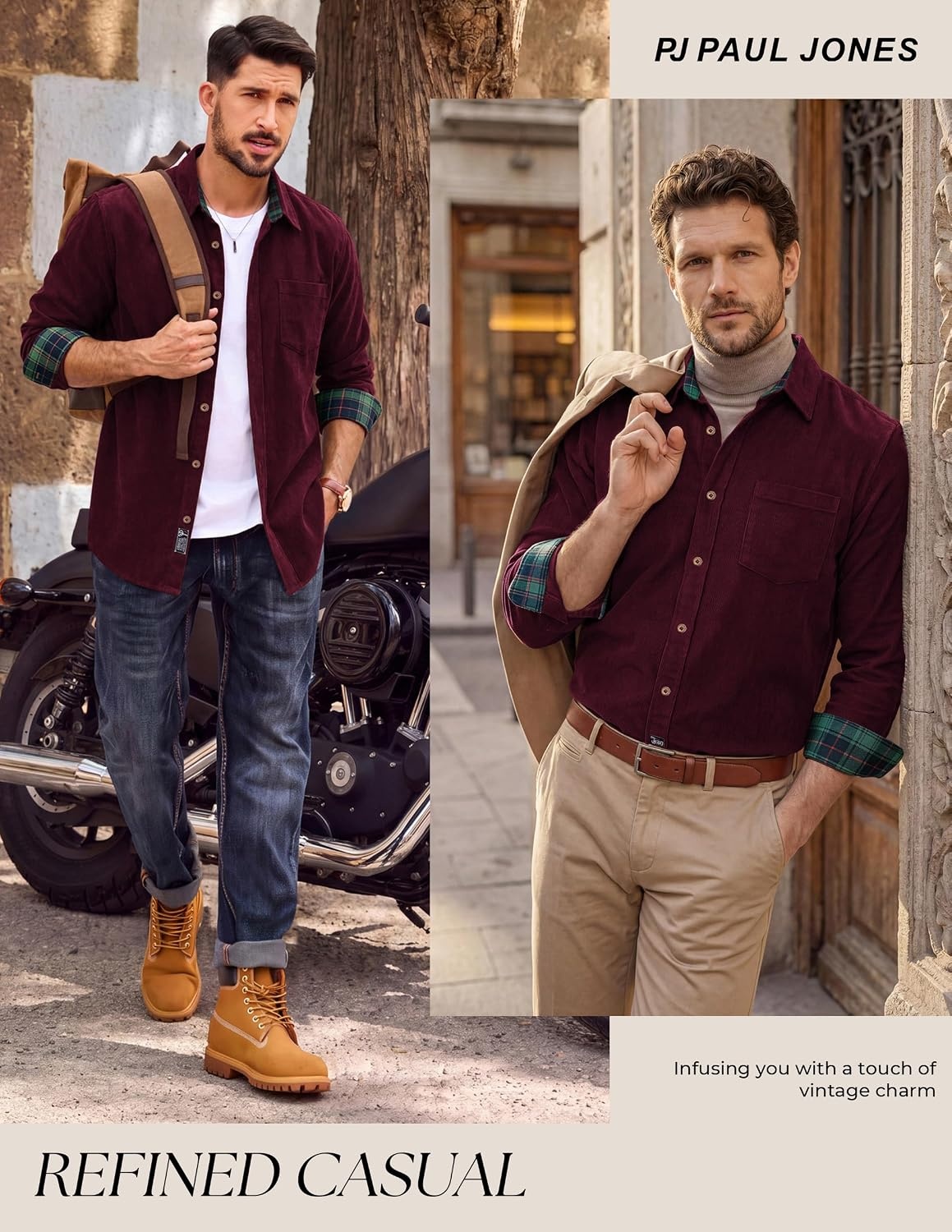 image:imagePJ PAUL JONES Mens Corduroy Long Sleeve Button Down 100 Cotton ShirtDark Red